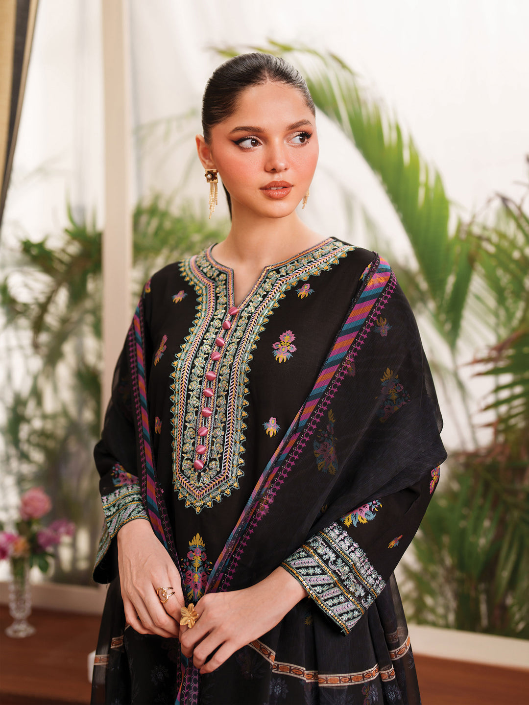 3 Piece - Dhanak Embroidered Suit with Digital Wool Shawl (Unstitched)