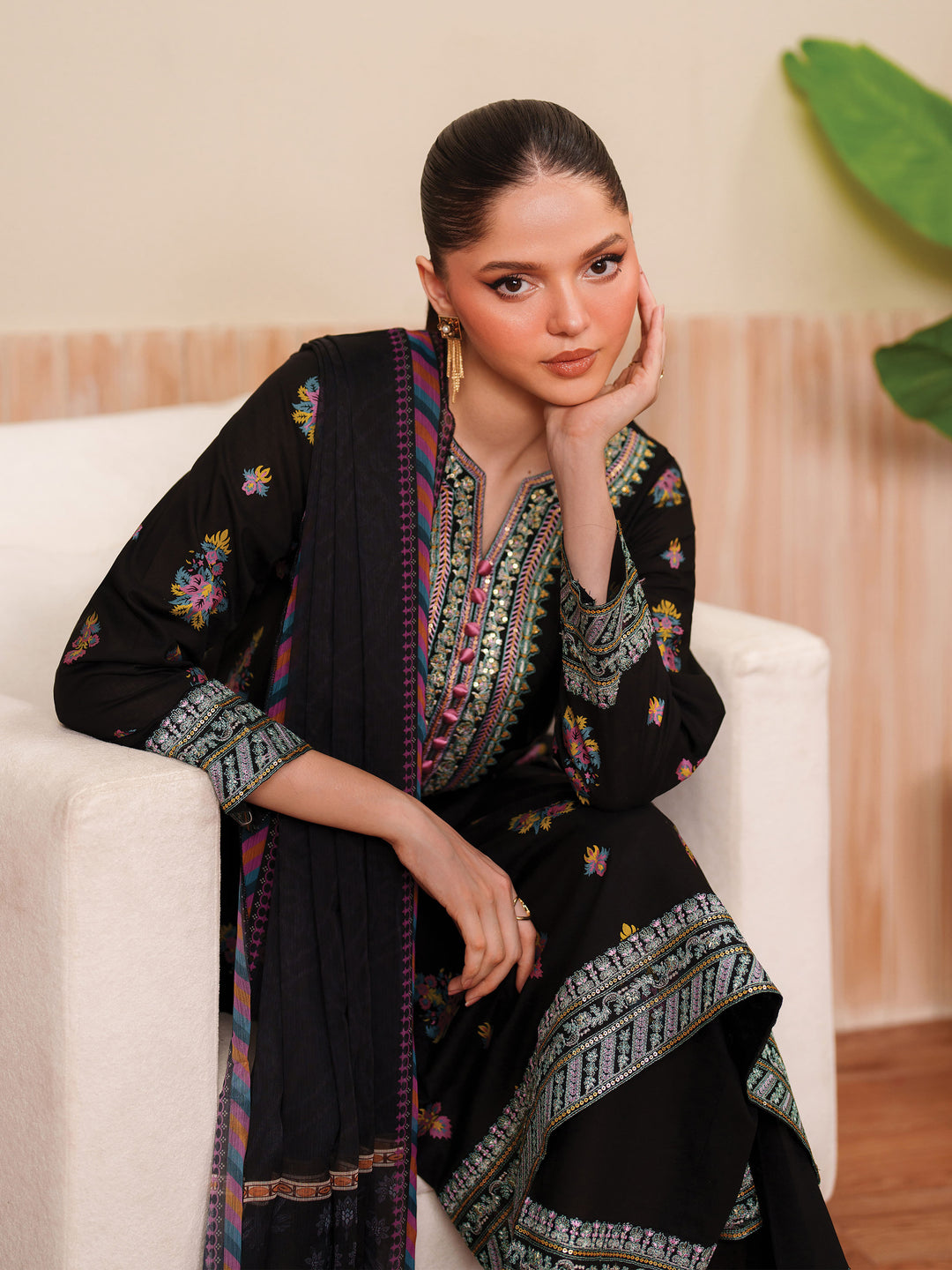 3 Piece - Dhanak Embroidered Suit with Digital Wool Shawl (Unstitched)