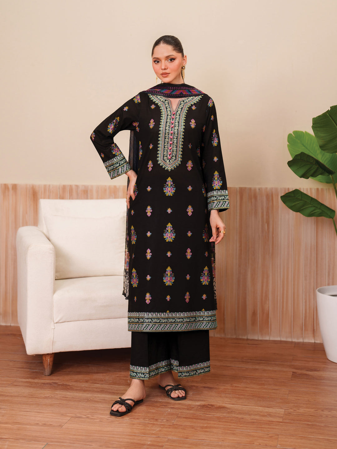 3 Piece - Dhanak Embroidered Suit with Dhanak Digital Wool Shawl (Unstitched)