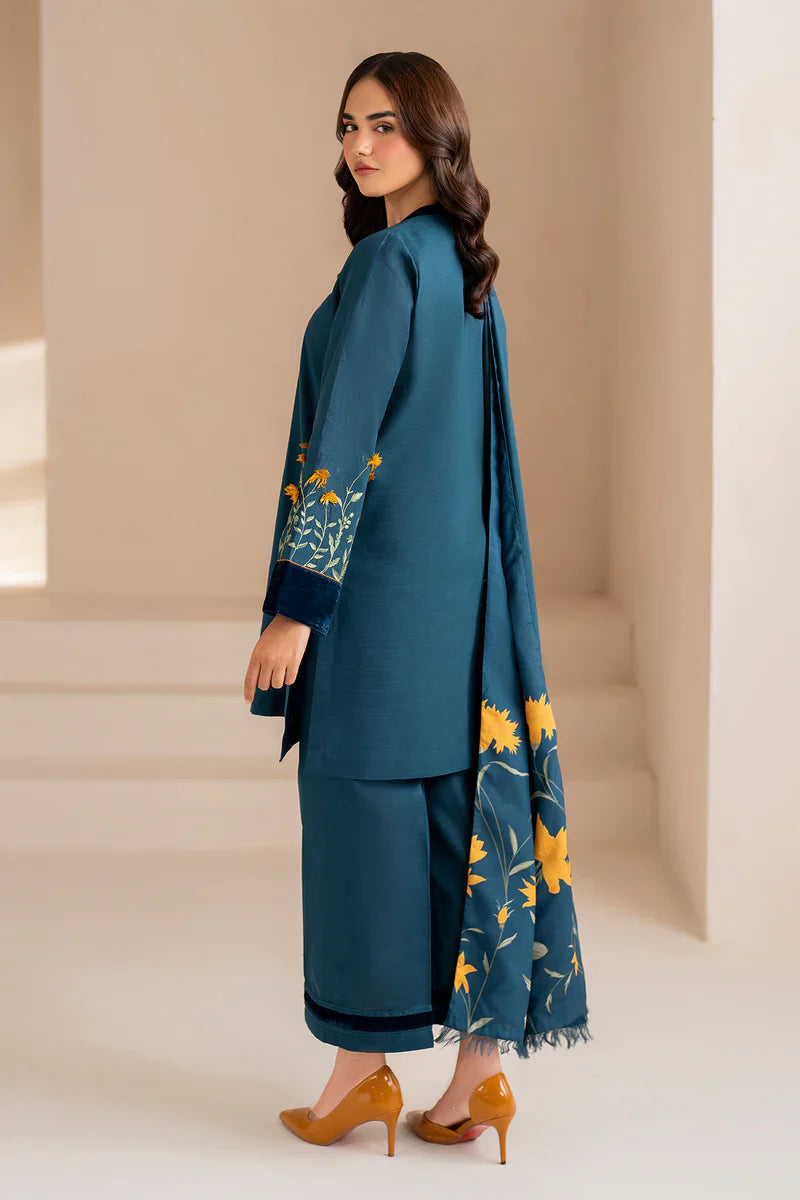 3 Piece - Dhanak Embroidered Suit with Digital Printed Pashmina Shawl (Unstitched)