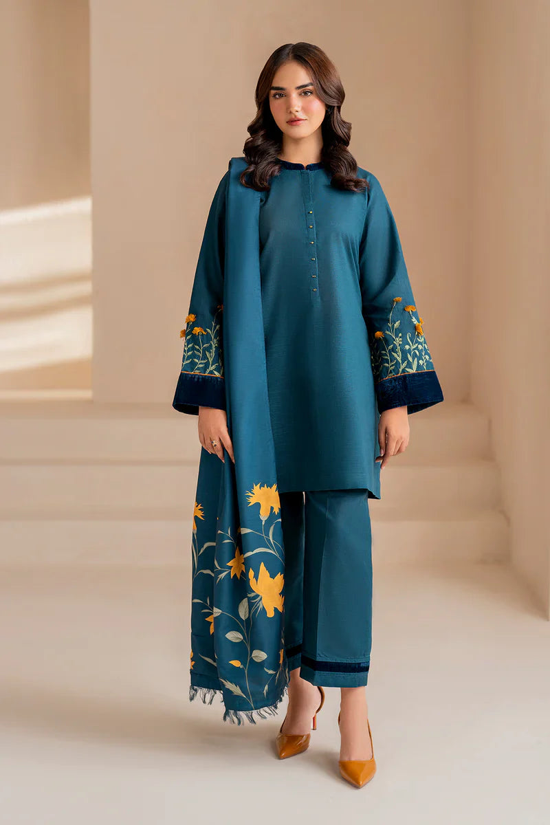 3 Piece - Dhanak Embroidered Suit with Digital Printed Pashmina Shawl (Unstitched)