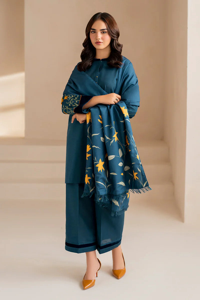 3 Piece - Dhanak Embroidered Suit with Digital Printed Pashmina Shawl (Unstitched)