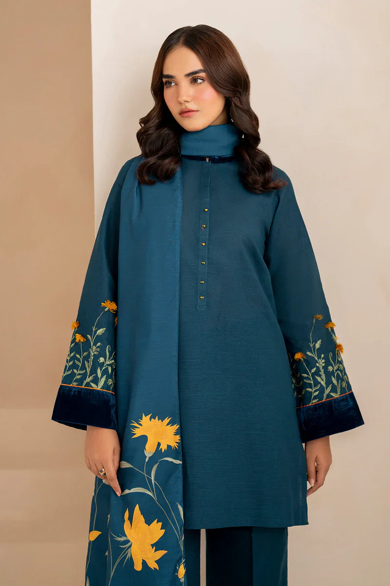 3 Piece - Dhanak Embroidered Suit with Digital Printed Pashmina Shawl (Unstitched)