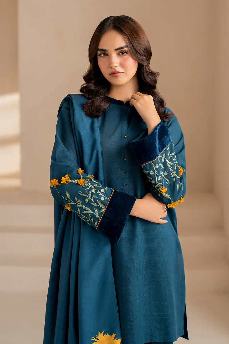 3 Piece - Dhanak Embroidered Suit with Digital Printed Pashmina Shawl (Unstitched)