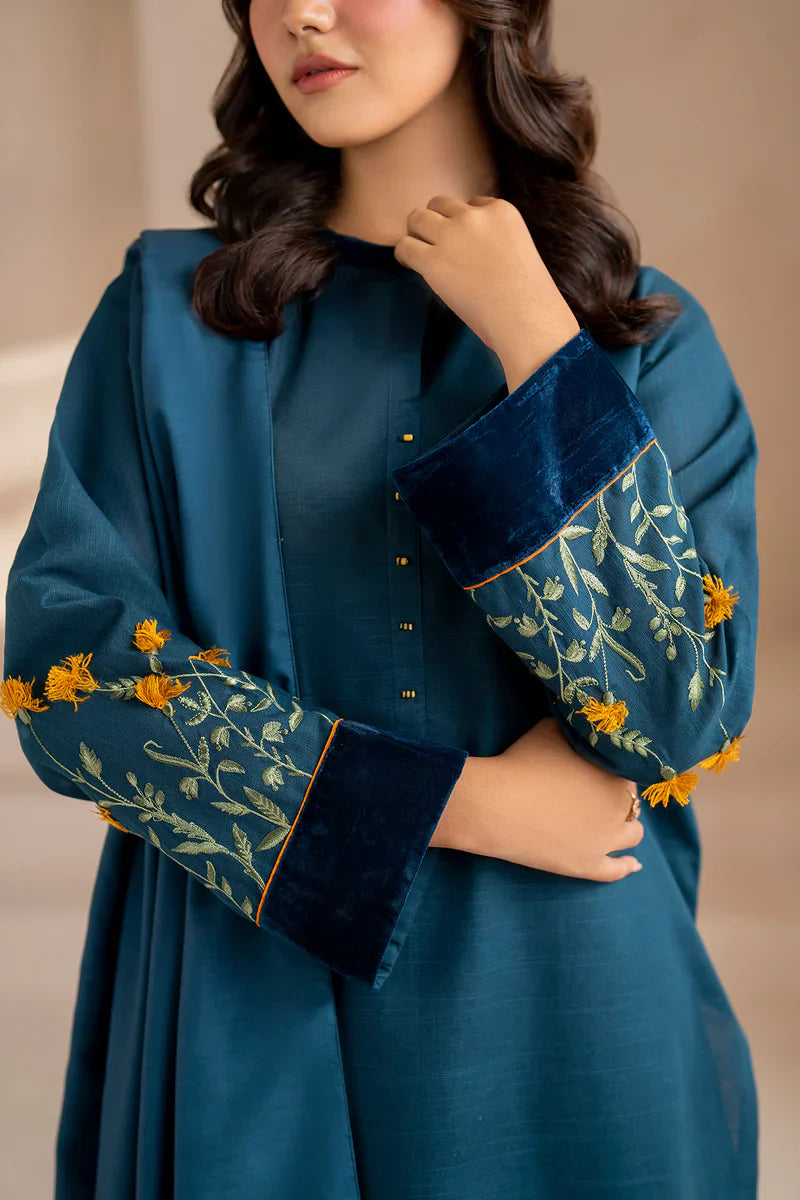 3 Piece - Dhanak Embroidered Suit with Digital Printed Pashmina Shawl (Unstitched)