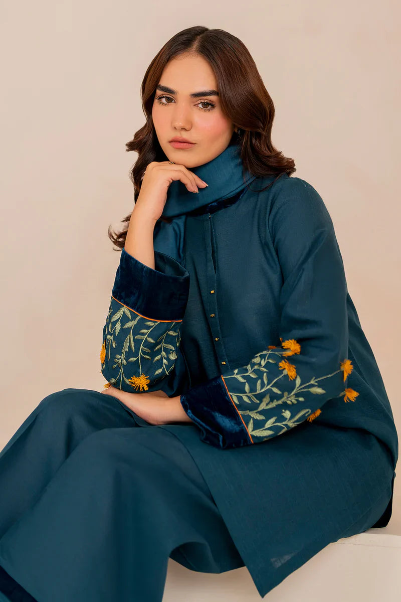 3 Piece - Dhanak Embroidered Suit with Digital Printed Pashmina Shawl (Unstitched)