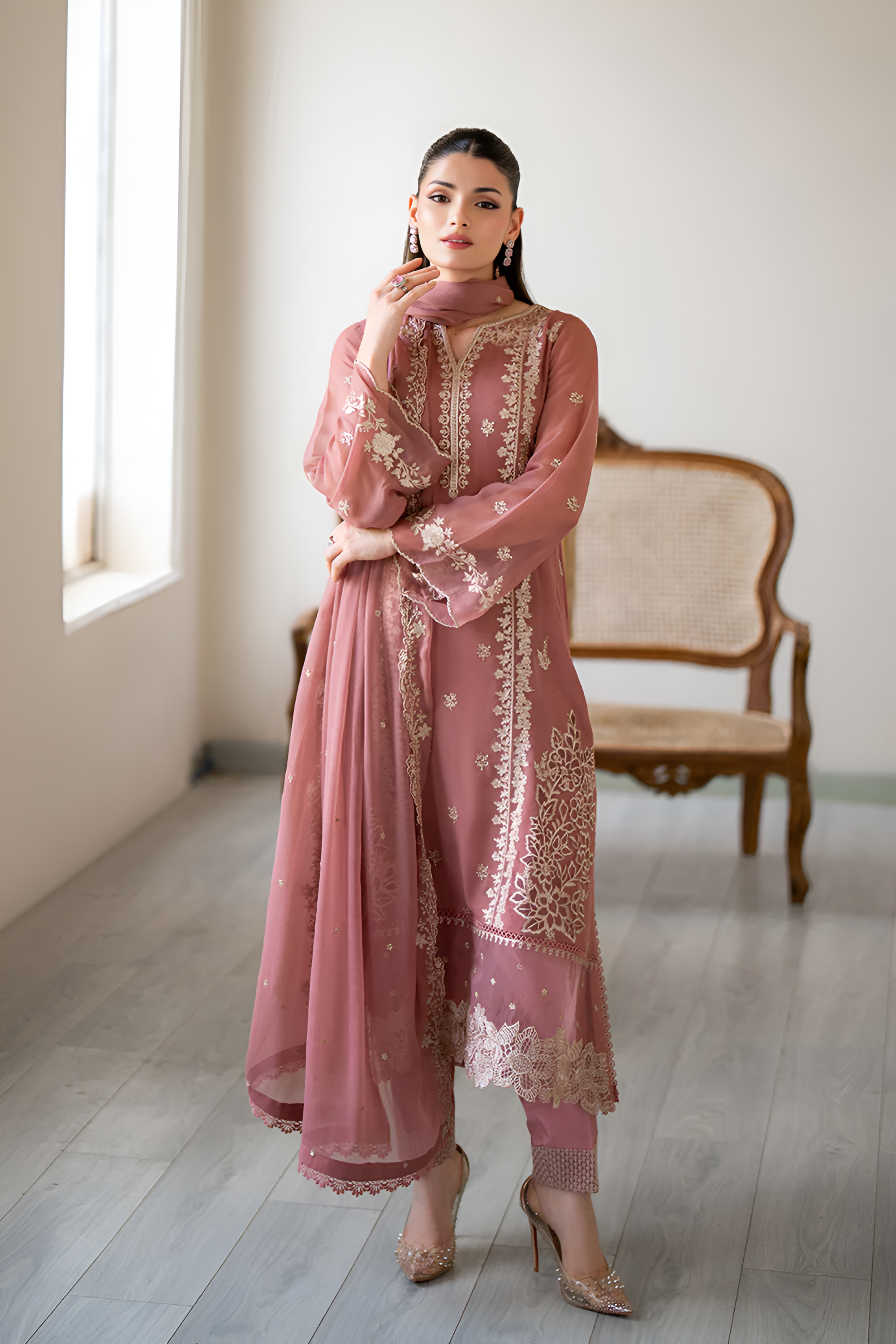 3 Piece - Dhanak Embroidered Suit with Dhanak Embroidered Shawl (Unstitched)