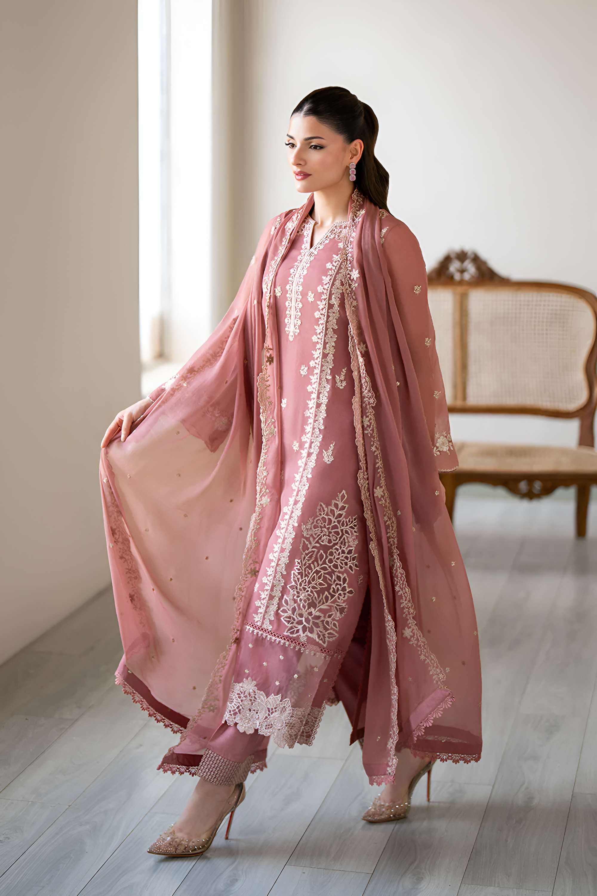 3 Piece - Dhanak Embroidered Suit with Dhanak Embroidered Shawl (Unstitched)