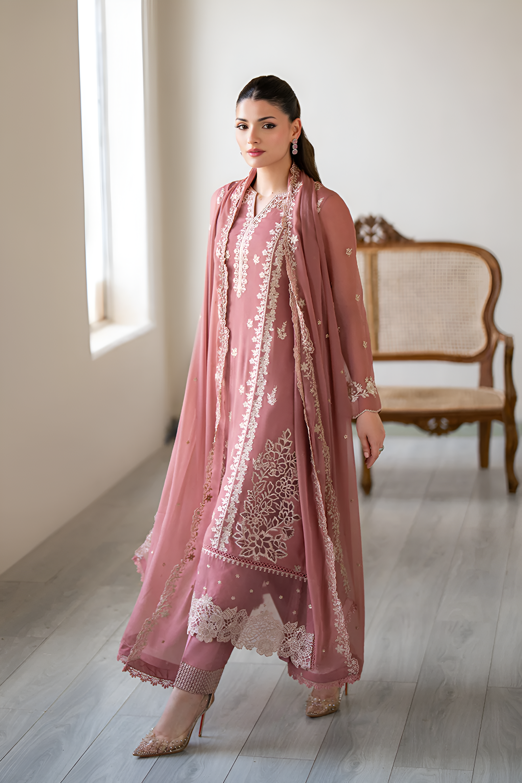3 Piece - Dhanak Embroidered Suit with Dhanak Embroidered Shawl (Unstitched)