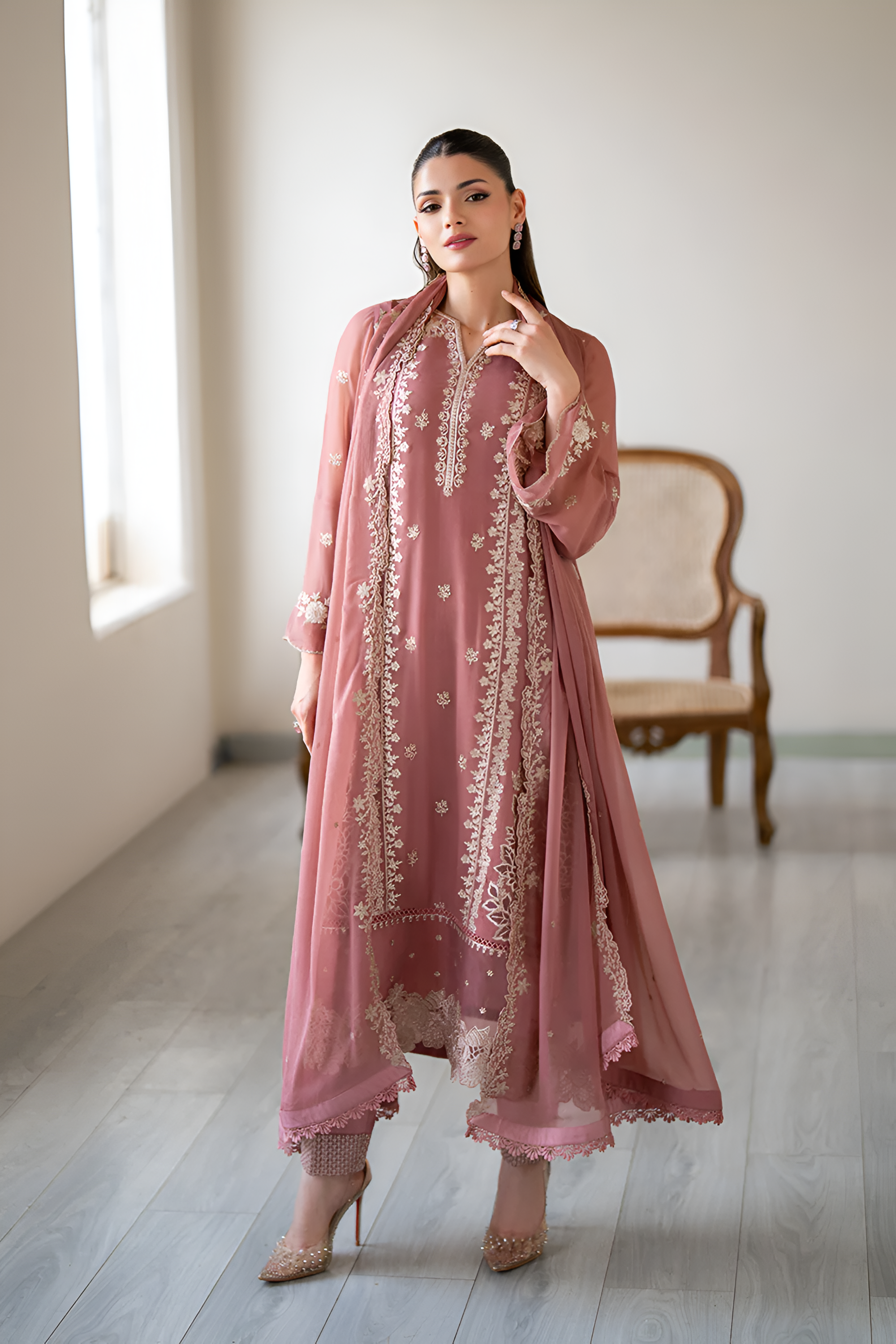 3 Piece - Dhanak Embroidered Suit with Dhanak Embroidered Shawl (Unstitched)