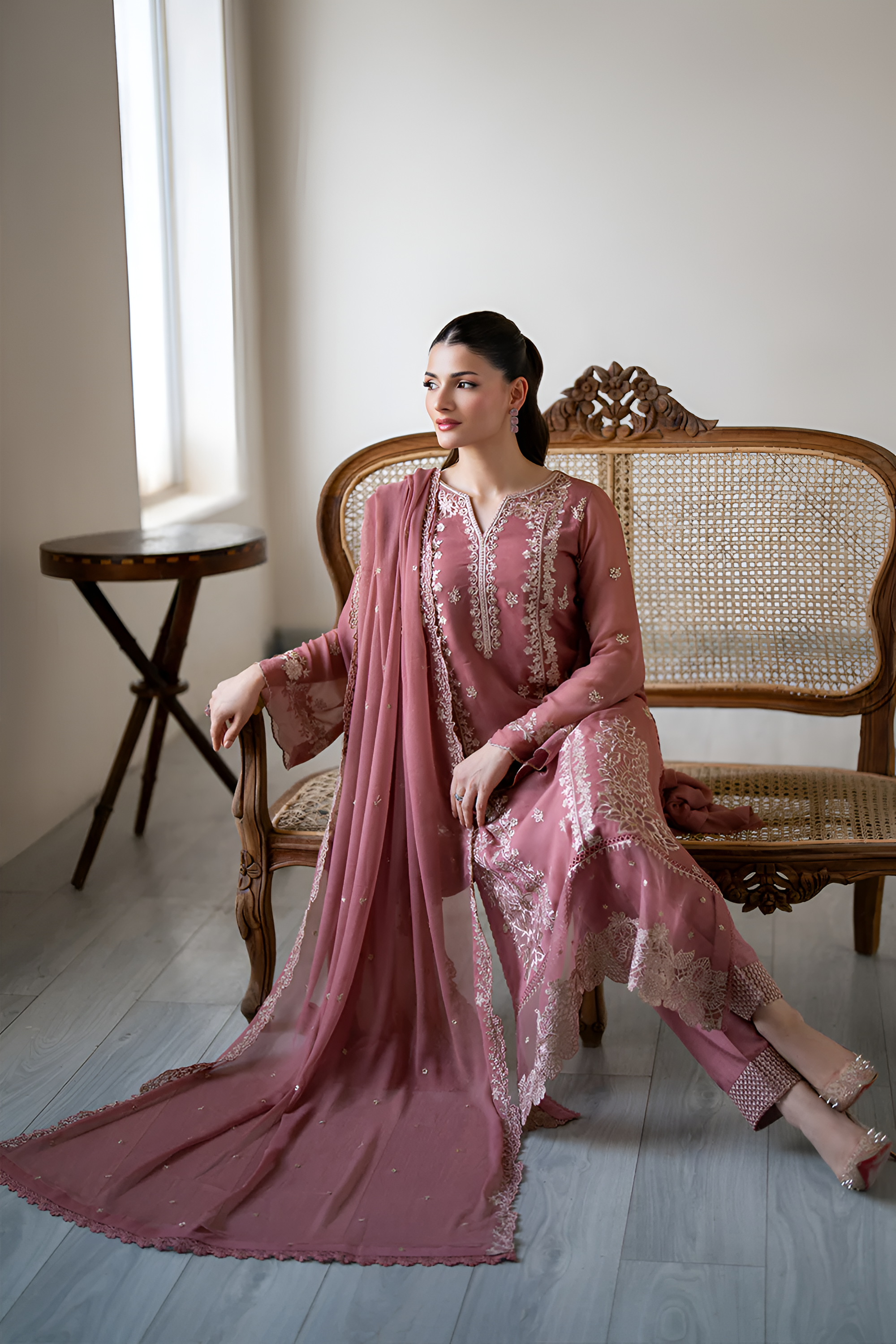 3 Piece - Dhanak Embroidered Suit with Dhanak Embroidered Shawl (Unstitched)