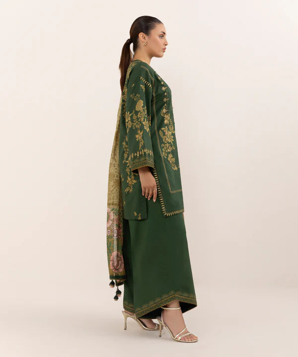 3 Piece - Sapphire Dhanak Full Heavy Embroidered Suit with Digital Printed Soft Pashmina Wool Shawl (Unstitched)