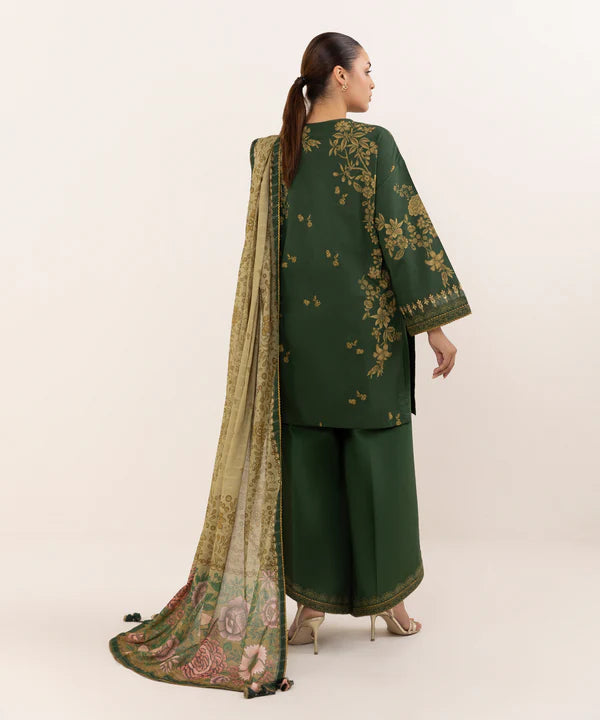 3 Piece - Sapphire Dhanak Full Heavy Embroidered Suit with Digital Printed Soft Pashmina Wool Shawl (Unstitched)