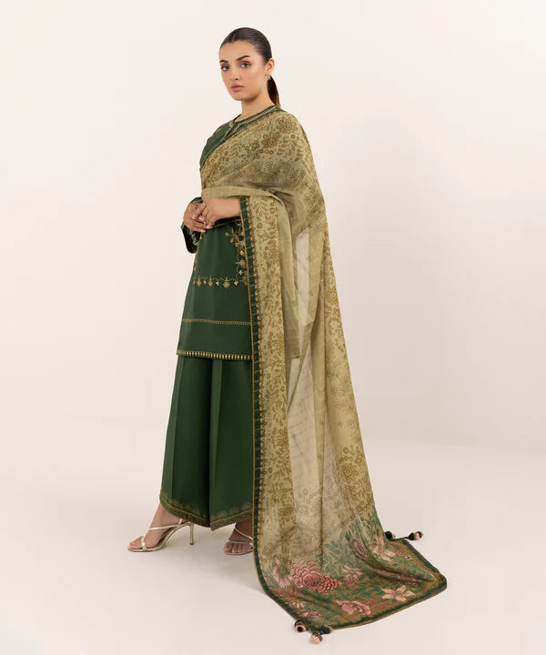 3 Piece - Sapphire Dhanak Full Heavy Embroidered Suit with Digital Printed Soft Pashmina Wool Shawl (Unstitched)
