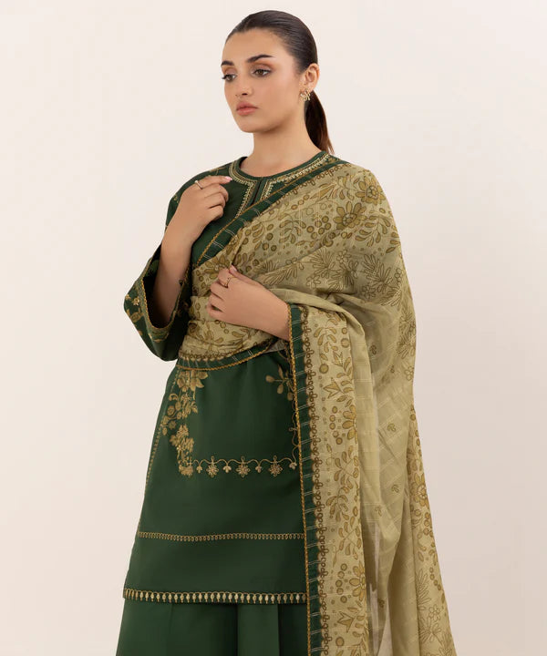 3 Piece - Sapphire Dhanak Full Heavy Embroidered Suit with Digital Printed Soft Pashmina Wool Shawl (Unstitched)