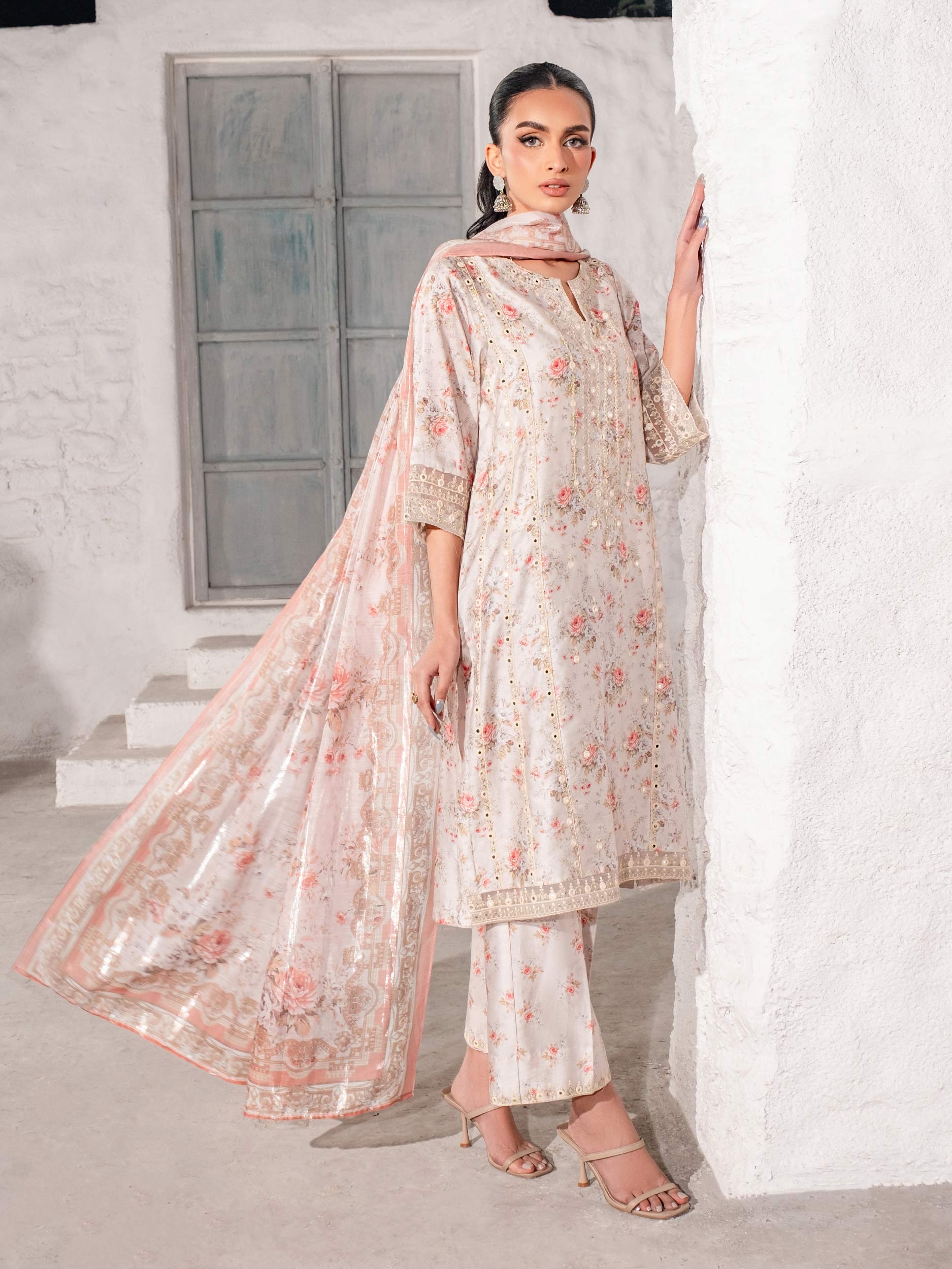 3 Piece - Limelight Linen Full Embroidered Suit with Printed Linen Duppatta (Unstitched)