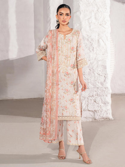 3 Piece - Limelight Linen Full Embroidered Suit with Printed Linen Duppatta (Unstitched)