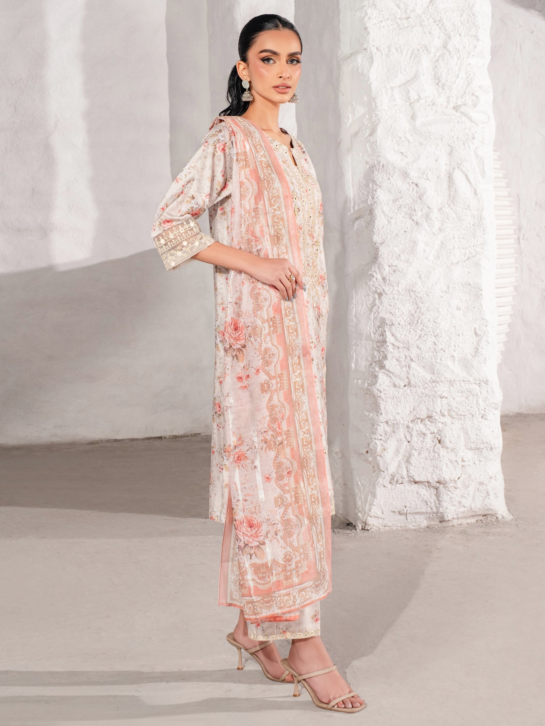 3 Piece - Limelight Linen Full Embroidered Suit with Printed Linen Duppatta (Unstitched)