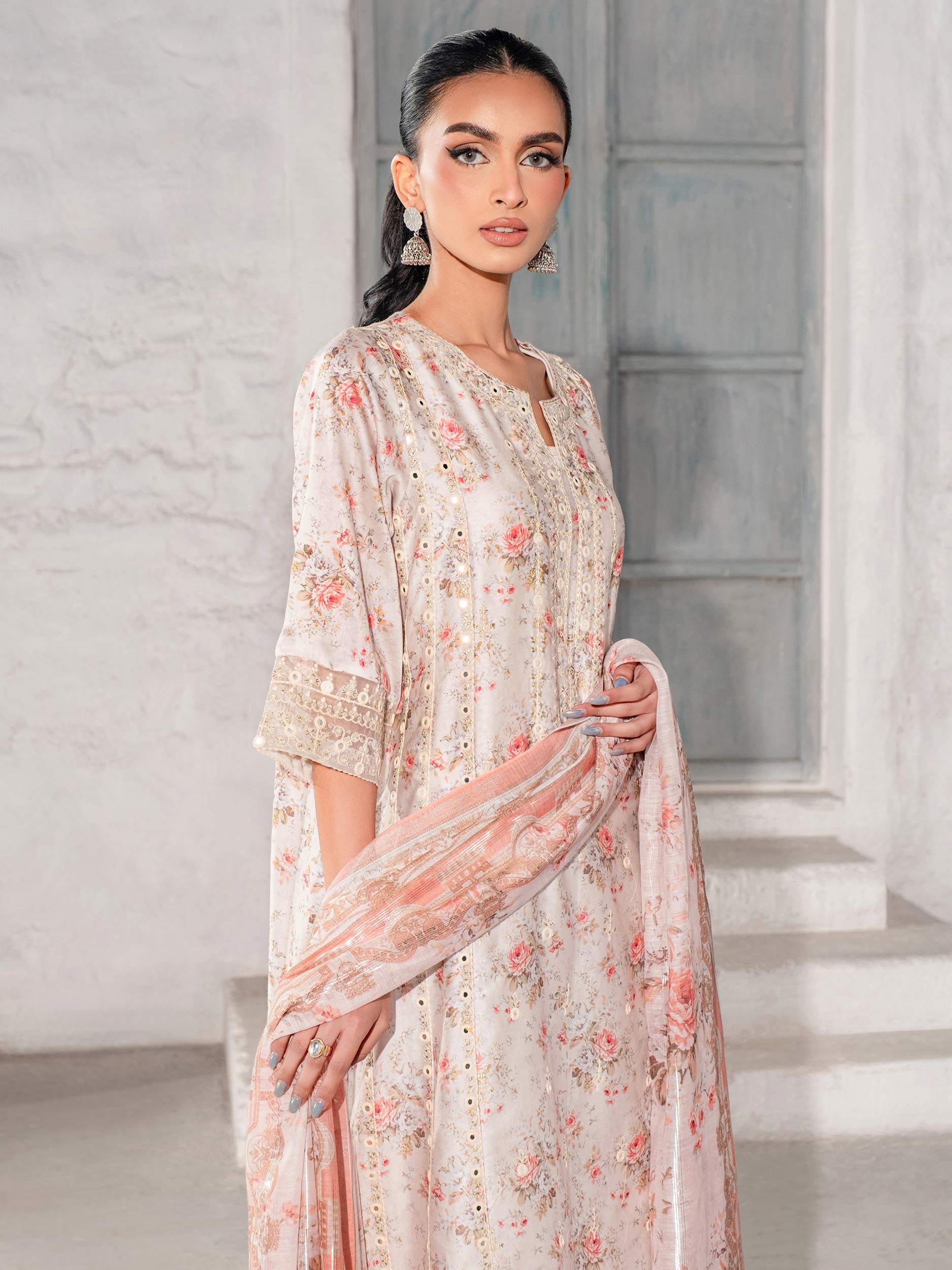 3 Piece - Limelight Linen Full Embroidered Suit with Printed Linen Duppatta (Unstitched)