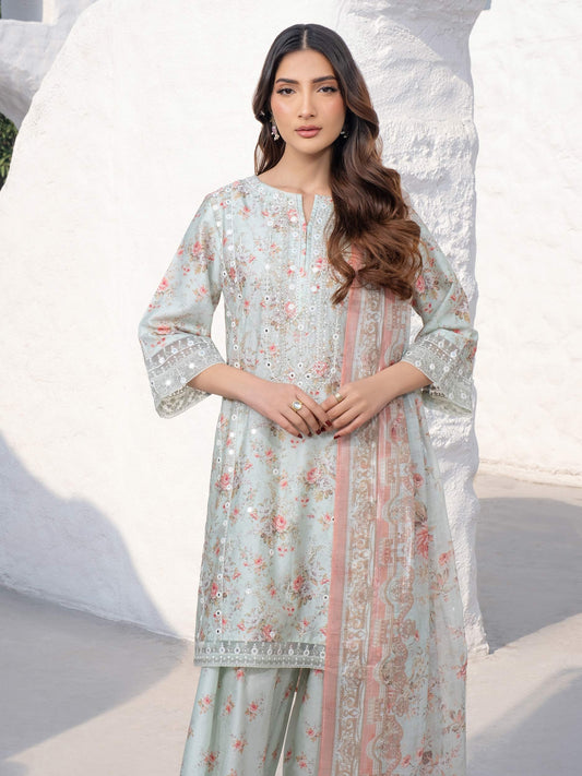 3 Piece - Limelight Linen Full Embroidered Suit with Printed Linen Duppatta (Unstitched)