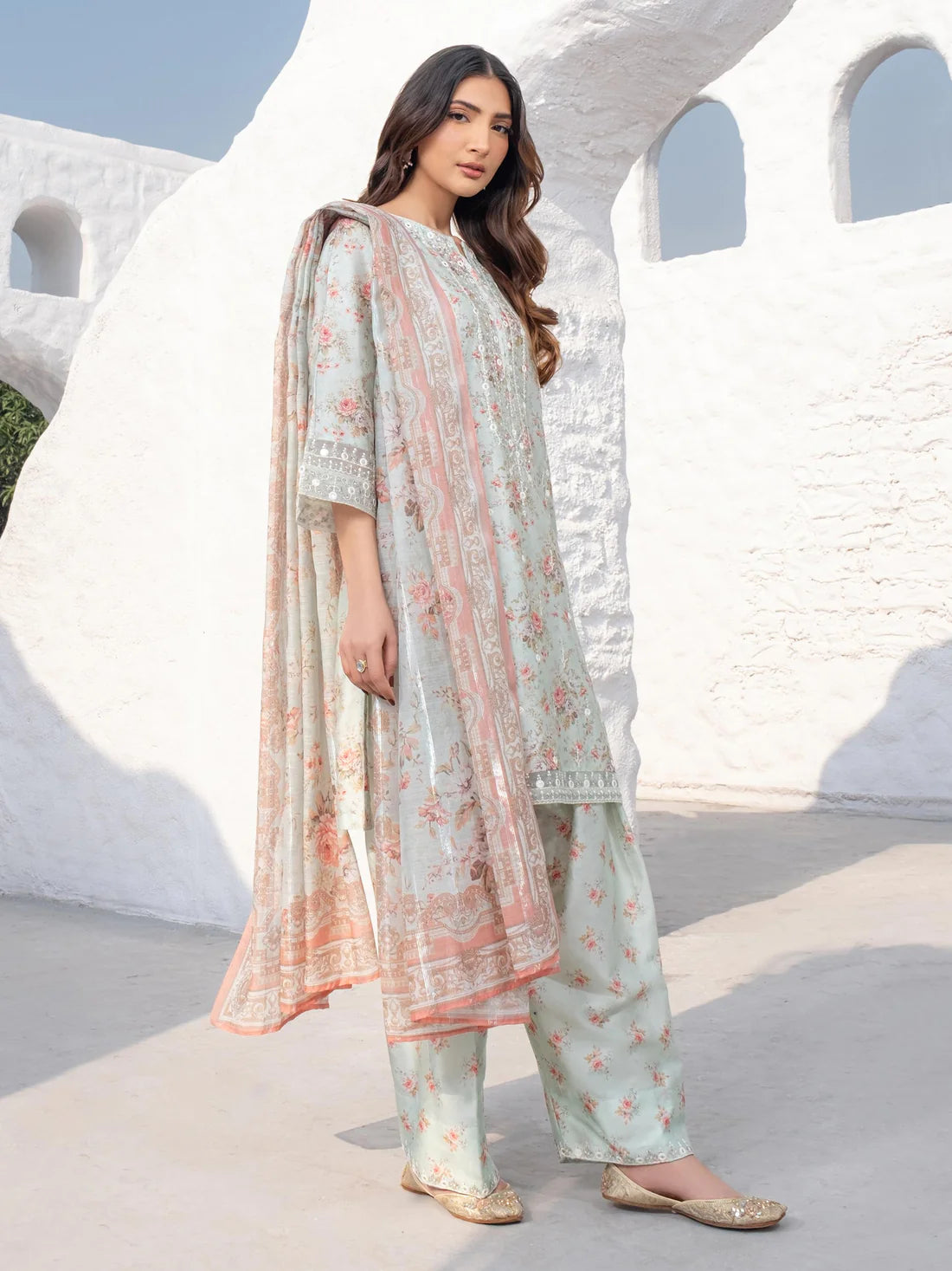 3 Piece - Limelight Linen Full Embroidered Suit with Printed Linen Duppatta (Unstitched)