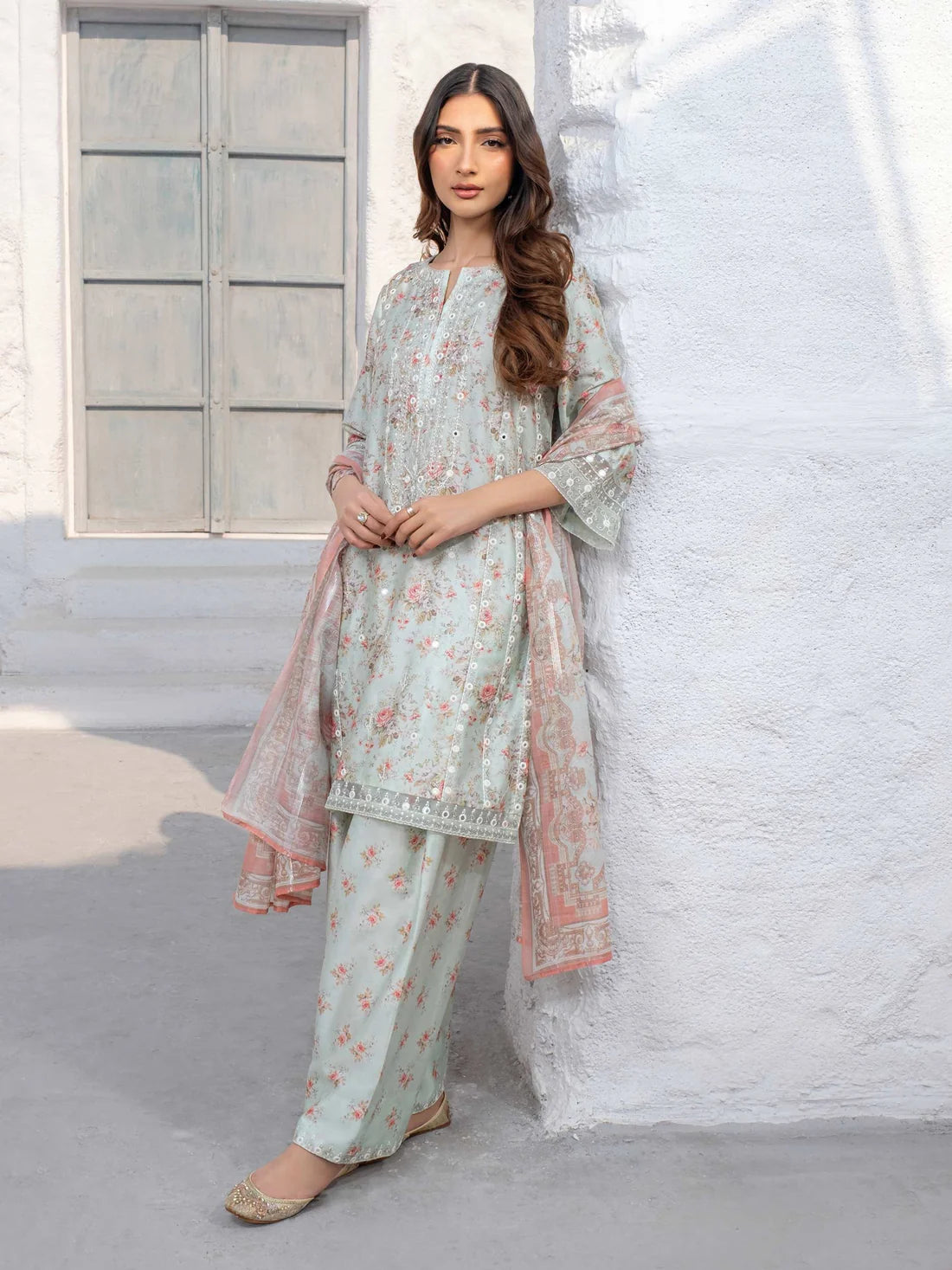 3 Piece - Limelight Linen Full Embroidered Suit with Printed Linen Duppatta (Unstitched)