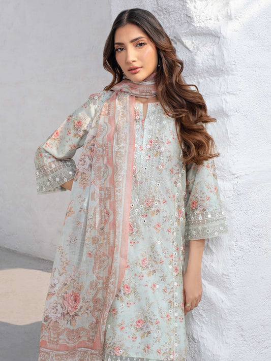 3 Piece - Limelight Linen Full Embroidered Suit with Printed Linen Duppatta (Unstitched)