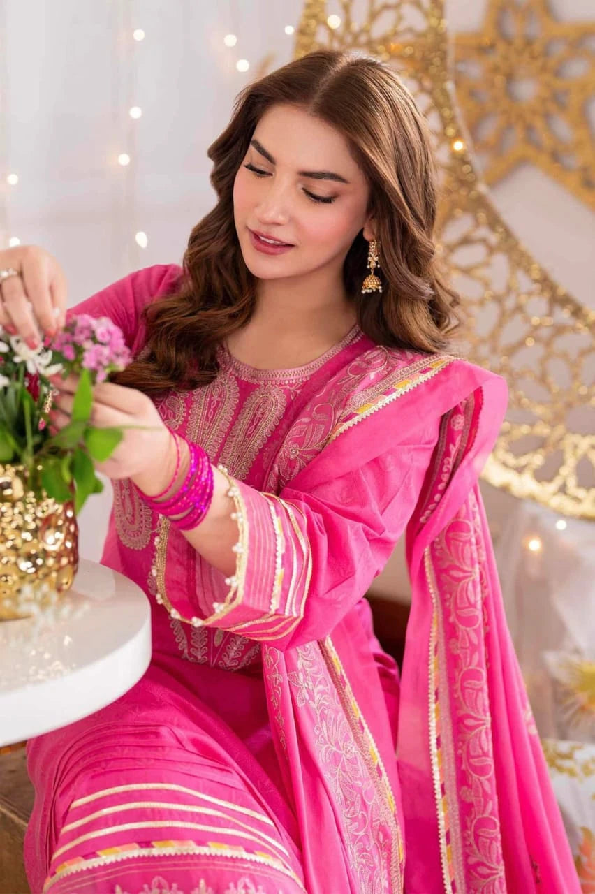 3 Piece - Nishat Dhanak Embroidered Suit with Embroidered Dhanak Shawl (Unstitched)