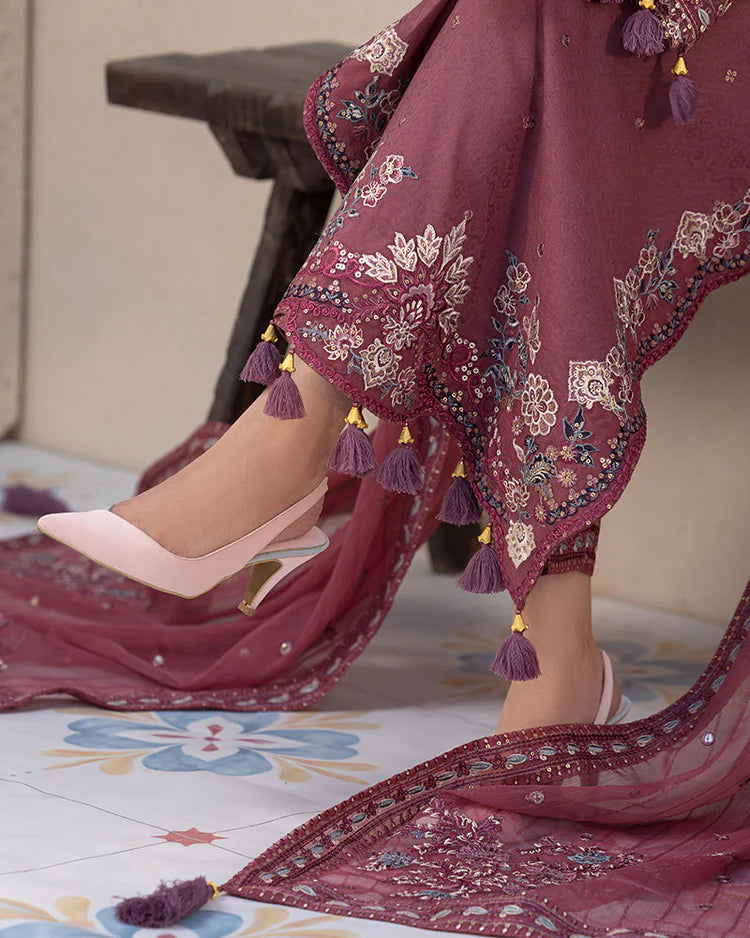 3 Piece - Dhanak Full Heavy Embroidered Suit with Dhanak Embroidered Shawl (Unstitched)