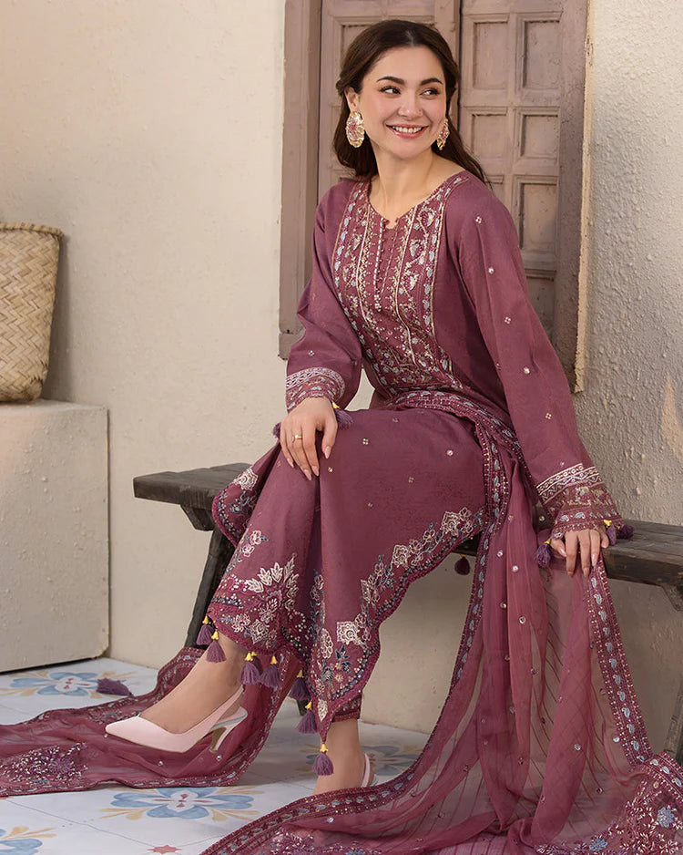 3 Piece - Dhanak Full Heavy Embroidered Suit with Dhanak Embroidered Shawl (Unstitched)