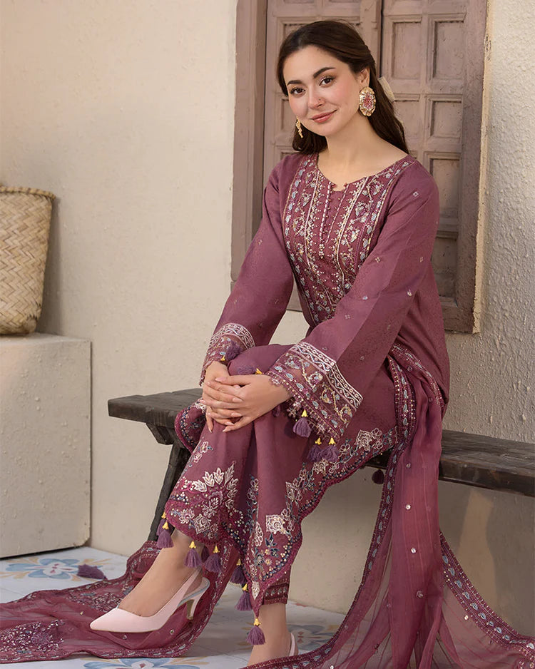 3 Piece - Dhanak Full Heavy Embroidered Suit with Dhanak Embroidered Shawl (Unstitched)