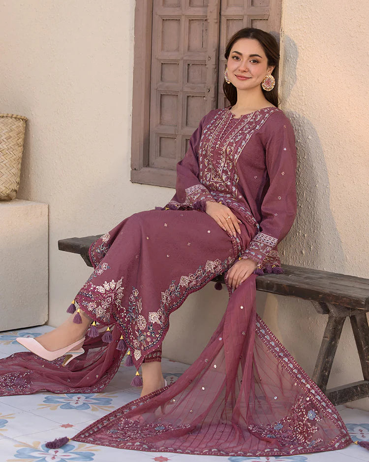 3 Piece - Dhanak Full Heavy Embroidered Suit with Dhanak Embroidered Shawl (Unstitched)