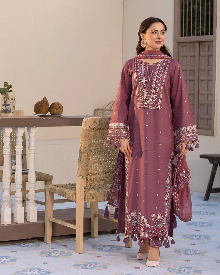 3 Piece - Dhanak Full Heavy Embroidered Suit with Dhanak Embroidered Shawl (Unstitched)