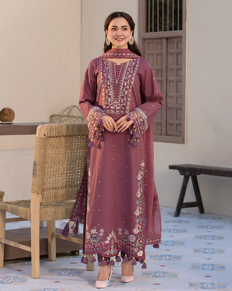3 Piece - Dhanak Full Heavy Embroidered Suit with Dhanak Embroidered Shawl (Unstitched)
