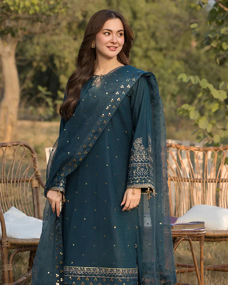 3 Piece - Qalamkar Dhanak Embroidered Suit with Heavy Embroidered Shawl (Unstitched)