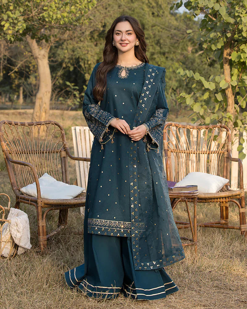 3 Piece - Qalamkar Dhanak Embroidered Suit with Heavy Embroidered Shawl (Unstitched)