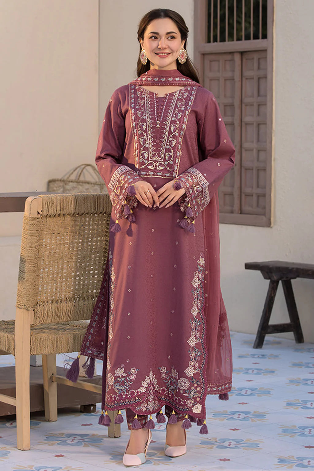 3 Piece - Dhanak Full Heavy Embroidered Suit with Dhanak Embroidered Shawl (Unstitched)