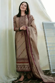 3 Piece - Dhanak Embroidered Suit with Digital Wool Shawl (Unstitched)