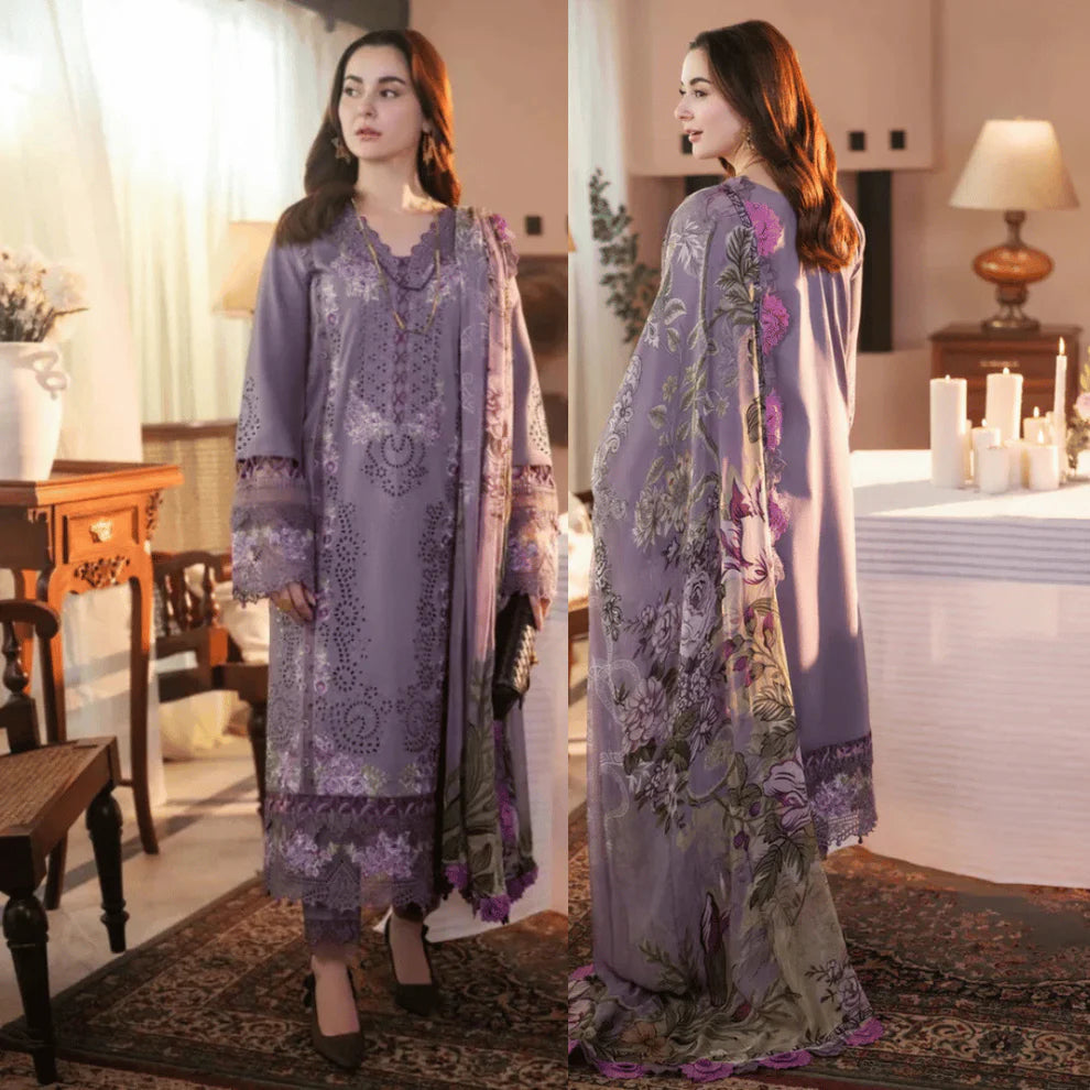 3 Piece - Dhanak Boring Style Embroidered Suit with Zari Pashmina Shawl (Unstitched)