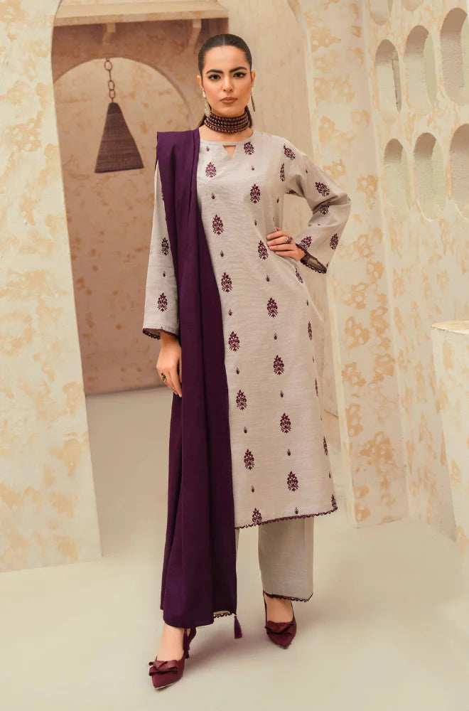 3 Piece - Dhanak Full Heavy Embroidered Suit with Dhanak Dyed Shawl (Unstitched)