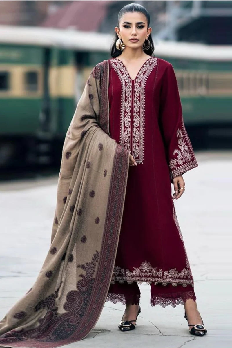 3 Piece - Dhanak Full Heavy Embroidered Suit with Digital Printed Wool Shawl (Unstitched)