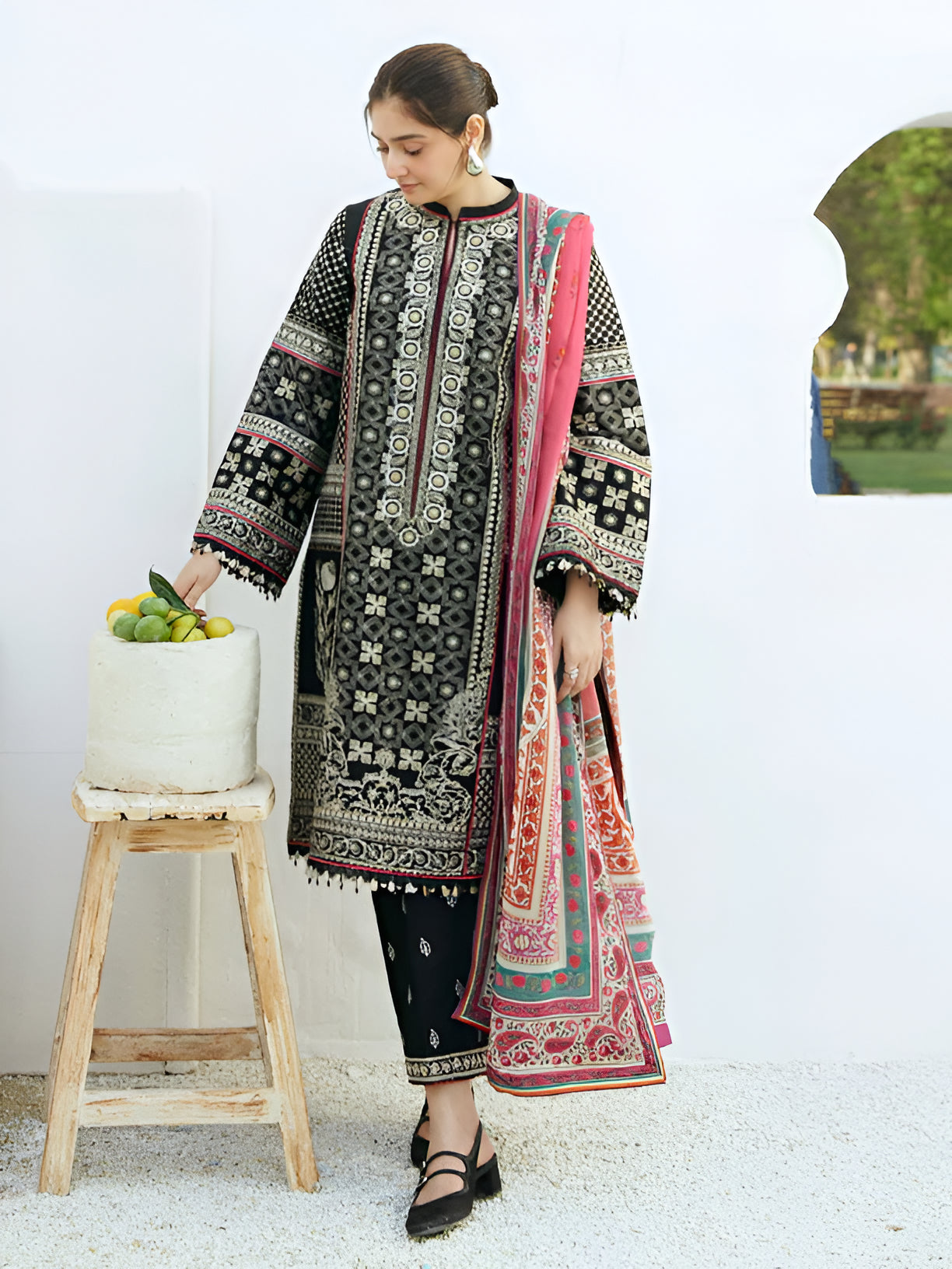 3 Piece - Zara Shahjahan Linen Embroidered Suit with Digital Print Zari Wool Shawl (Unstitched)
