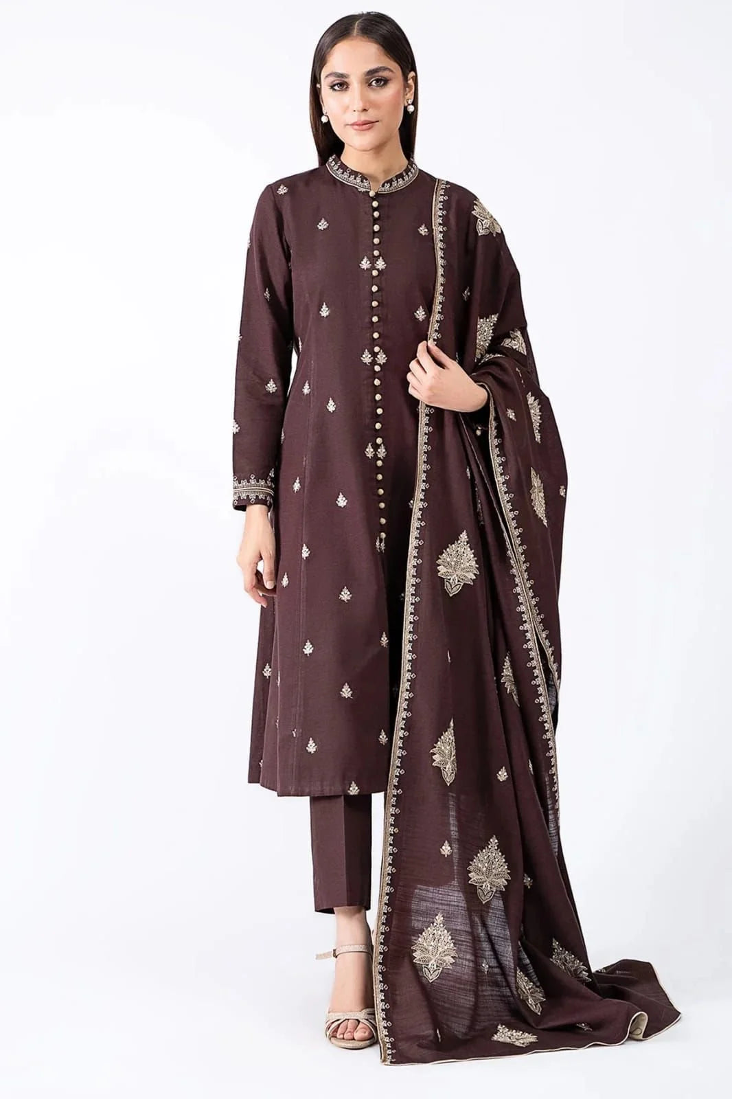 3 Piece - Kayseria Dhanak Embroidered Suit with Heavy Embroidered Shawl (Unstitched)