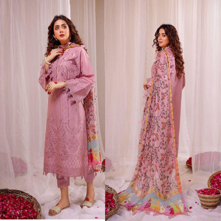 3 Piece - Dhanak Embroidered Suit with Pashmina soft Shawl (Unstitched)
