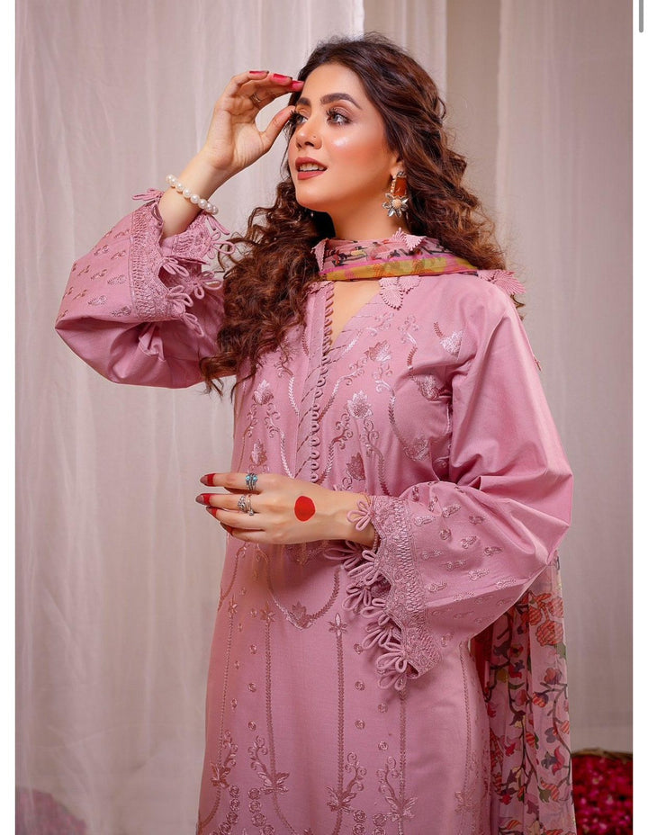 3 Piece - Dhanak Embroidered Suit with Pashmina soft Shawl (Unstitched)