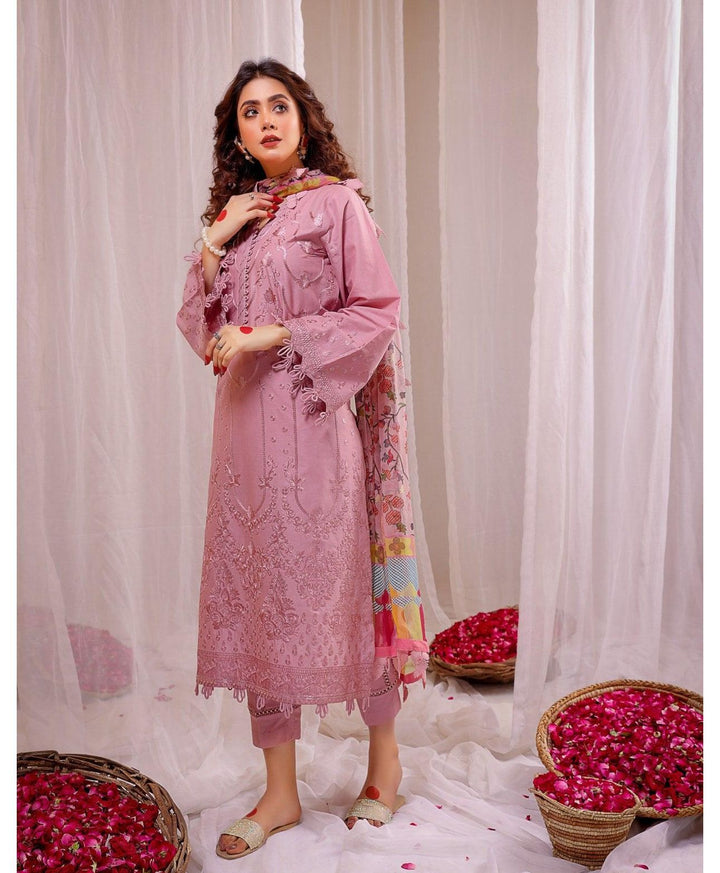 3 Piece - Dhanak Embroidered Suit with Pashmina soft Shawl (Unstitched)