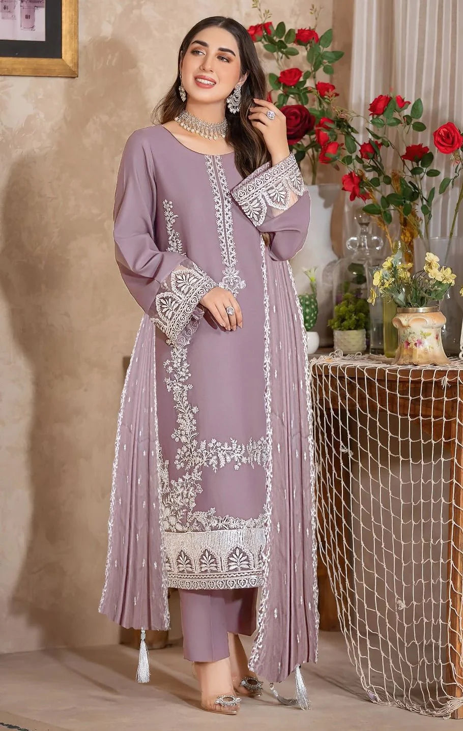 3 Piece - Dhanak Full Heavy Embroidered Suit with Dhanak Embroidered Dupatta (Unstitched)