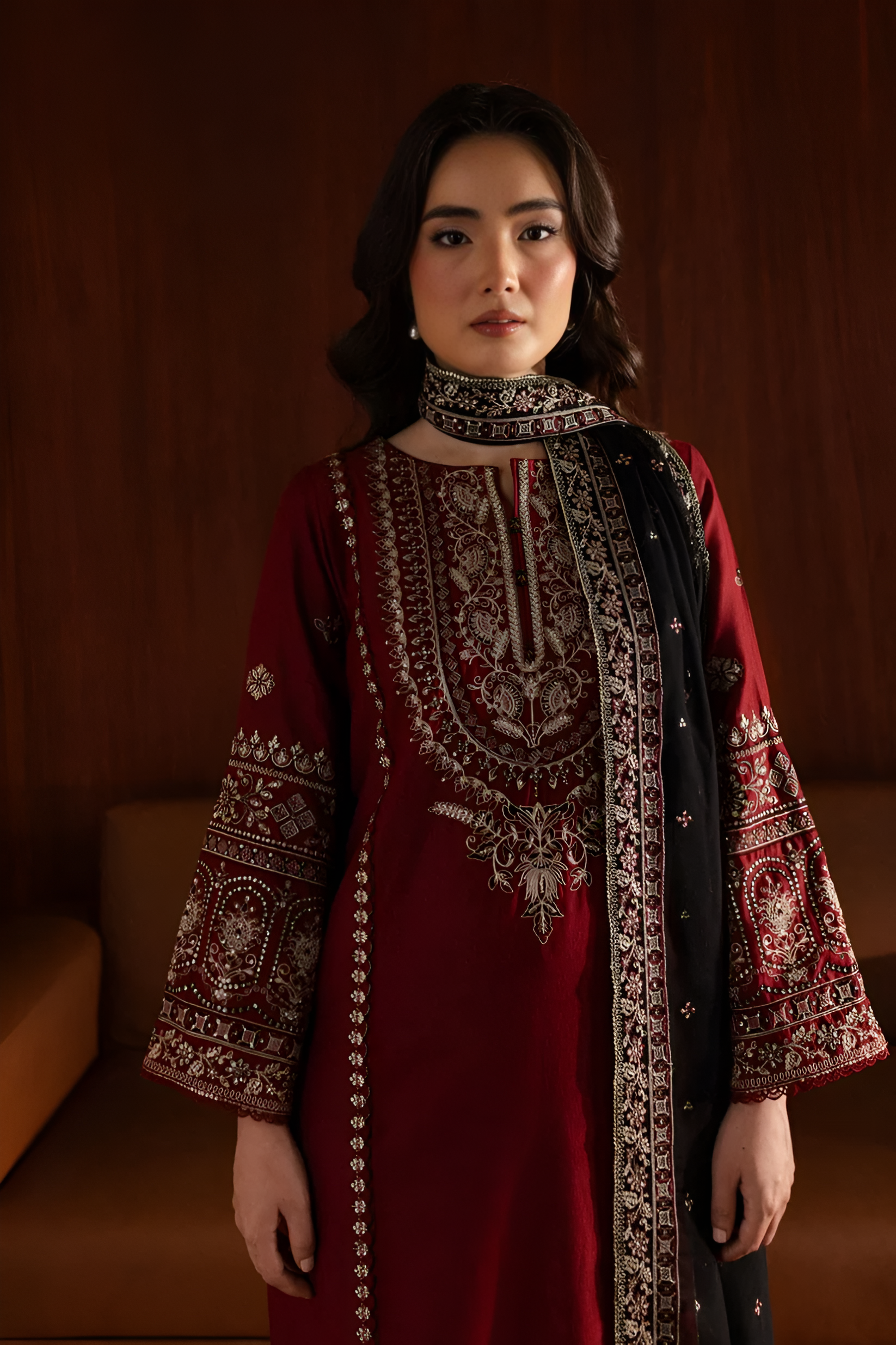 3 Piece - Dhanak Embroidered Suit with Dhank Embroidered Shawl (Unstitched)