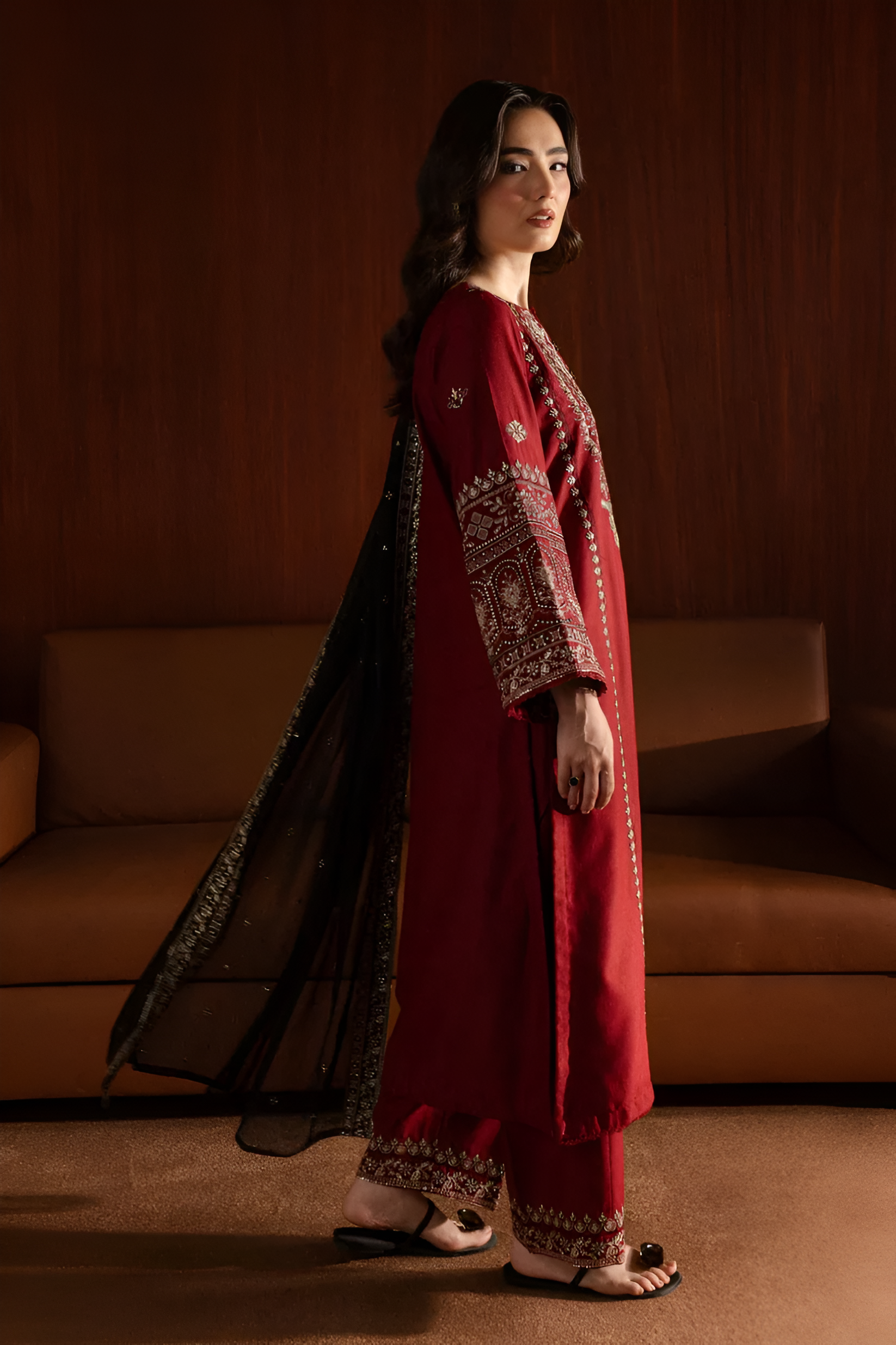 3 Piece - Dhanak Embroidered Suit with Dhank Embroidered Shawl (Unstitched)