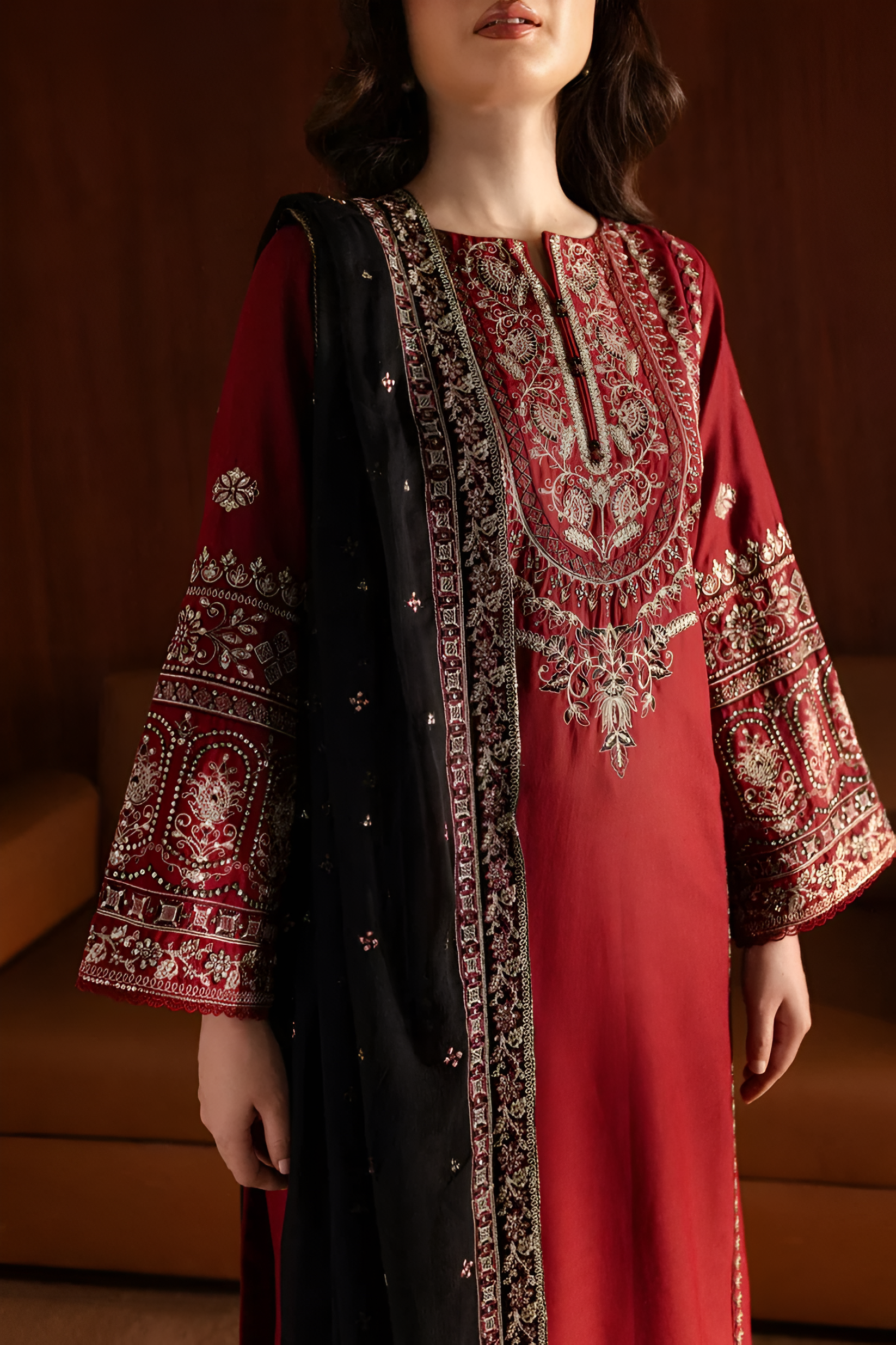 3 Piece - Dhanak Embroidered Suit with Dhank Embroidered Shawl (Unstitched)